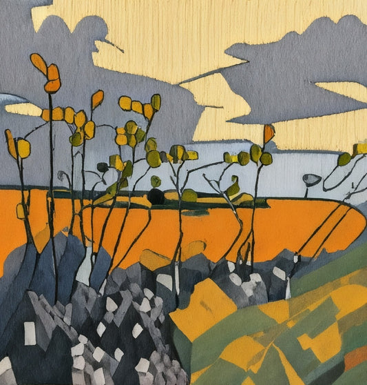 Angelika Wesener: Stilisierte abstrakte Landschaft in Gelb, Orange und Grau. Malerei mit floralen Elementen für die Online-Galerie FEMARTSPACE.