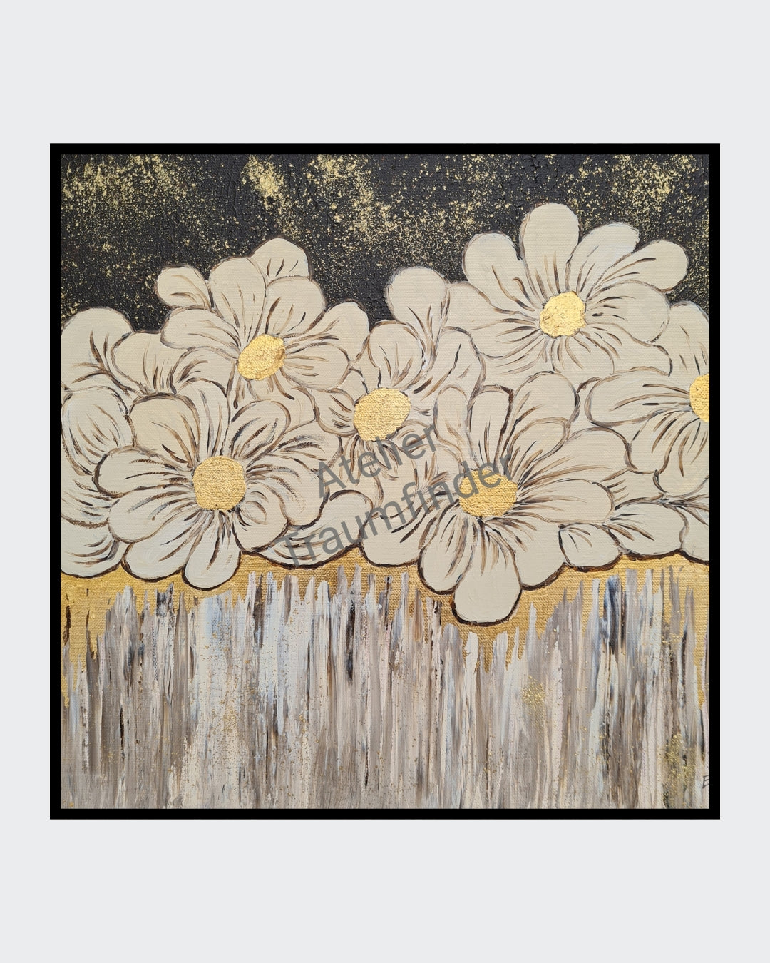 Quadratisches Acrylgemälde mit weißen Blüten auf dunklem Grund. Goldene Akzente in den Blüten und am unteren Bildrand. Tropfende Farbeffekt unter den Blüten.