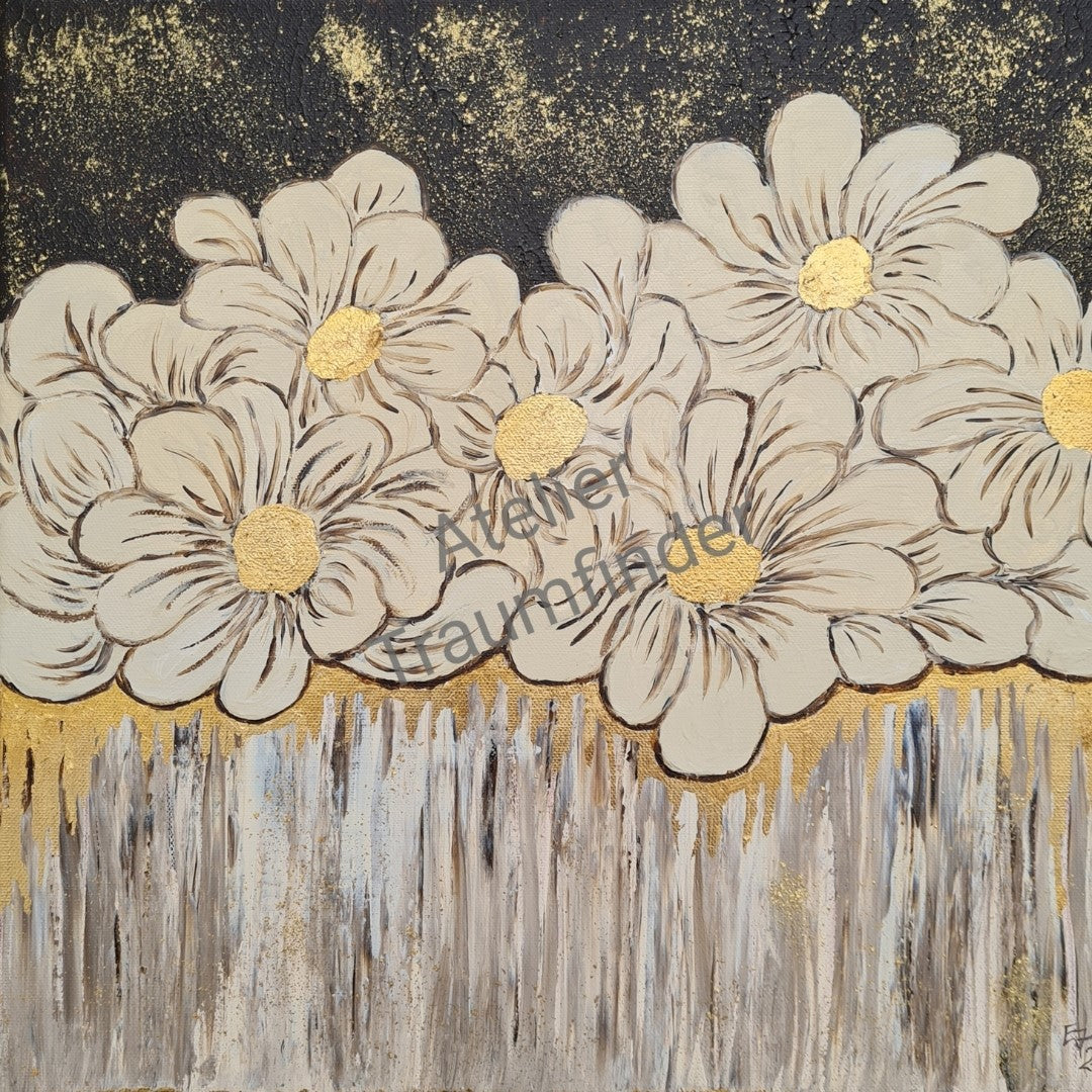 Quadratisches Acrylgemälde mit weißen Blüten auf dunklem Grund. Goldene Akzente in den Blüten und am unteren Bildrand. Tropfende Farbeffekt unter den Blüten.