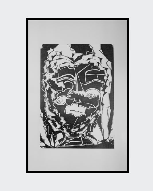 Abstraktes, kubistisches Porträt 'Inked (2025)' von Melanie Zürn (Edding auf Zeichenpapier, 42x59,4cm). Das Werk zeigt ein stilisiertes Gesicht mit markanten Linien und Formen, die an den Kubismus erinnern. Die monochrome Farbgebung unterstreicht die grafische Wirkung des Bildes.