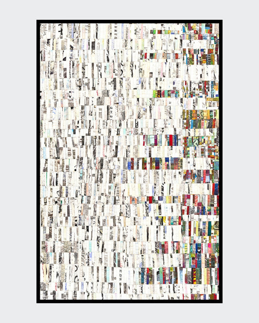 Textilcollage "Connected" aus recycelten Stoffen, abstraktes Hochformat (120x80x1cm).