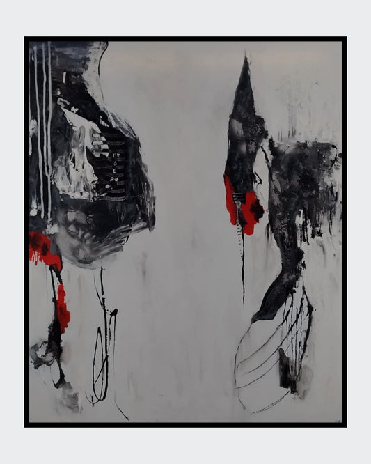 Abstraktes Gemälde "Bewegung in Schwarz und Rot" von Olga Kühn (100x80 cm). Minimalistische Mischtechnik auf Leinwand mit starken Kontrasten.