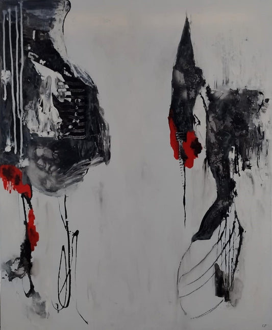 Abstraktes Gemälde "Bewegung in Schwarz und Rot" von Olga Kühn (100x80 cm). Minimalistische Mischtechnik auf Leinwand mit starken Kontrasten.