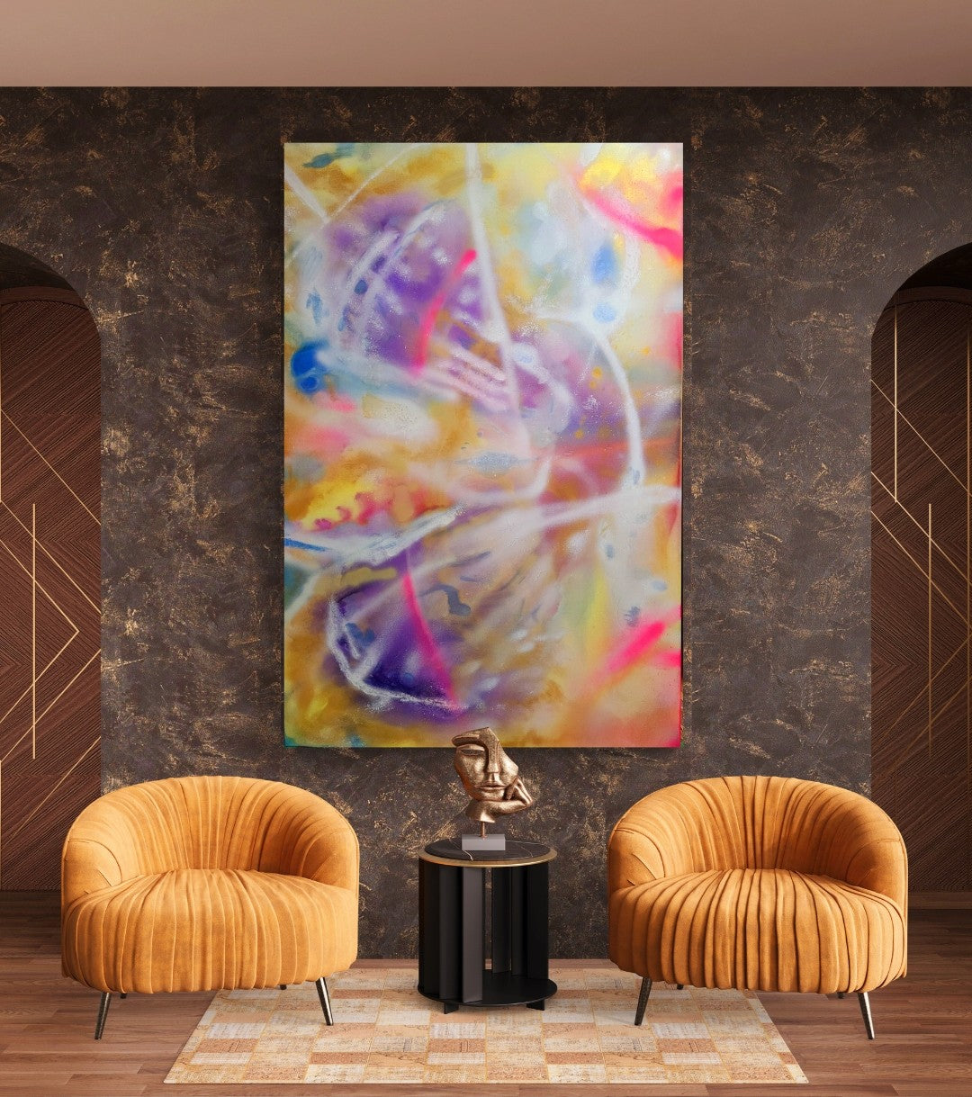 Großformatiges abstraktes Acrylgemälde "Diamant" von Sandra Conrad, dominiert von einer Mischung aus zarten Pastellfarben, Gold, Gelb und leuchtendem Pink. Die Fließtechnik erzeugt eine tiefgründige, dynamische Komposition mit hellen Lichtlinien.