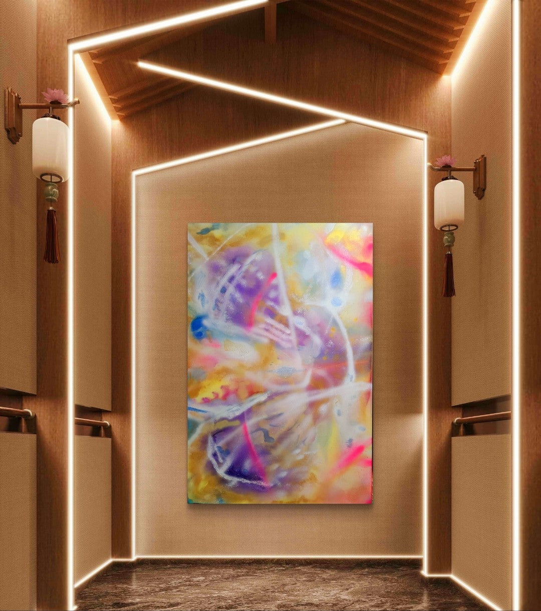 Großformatiges abstraktes Acrylgemälde "Diamant" von Sandra Conrad, dominiert von einer Mischung aus zarten Pastellfarben, Gold, Gelb und leuchtendem Pink. Die Fließtechnik erzeugt eine tiefgründige, dynamische Komposition mit hellen Lichtlinien.