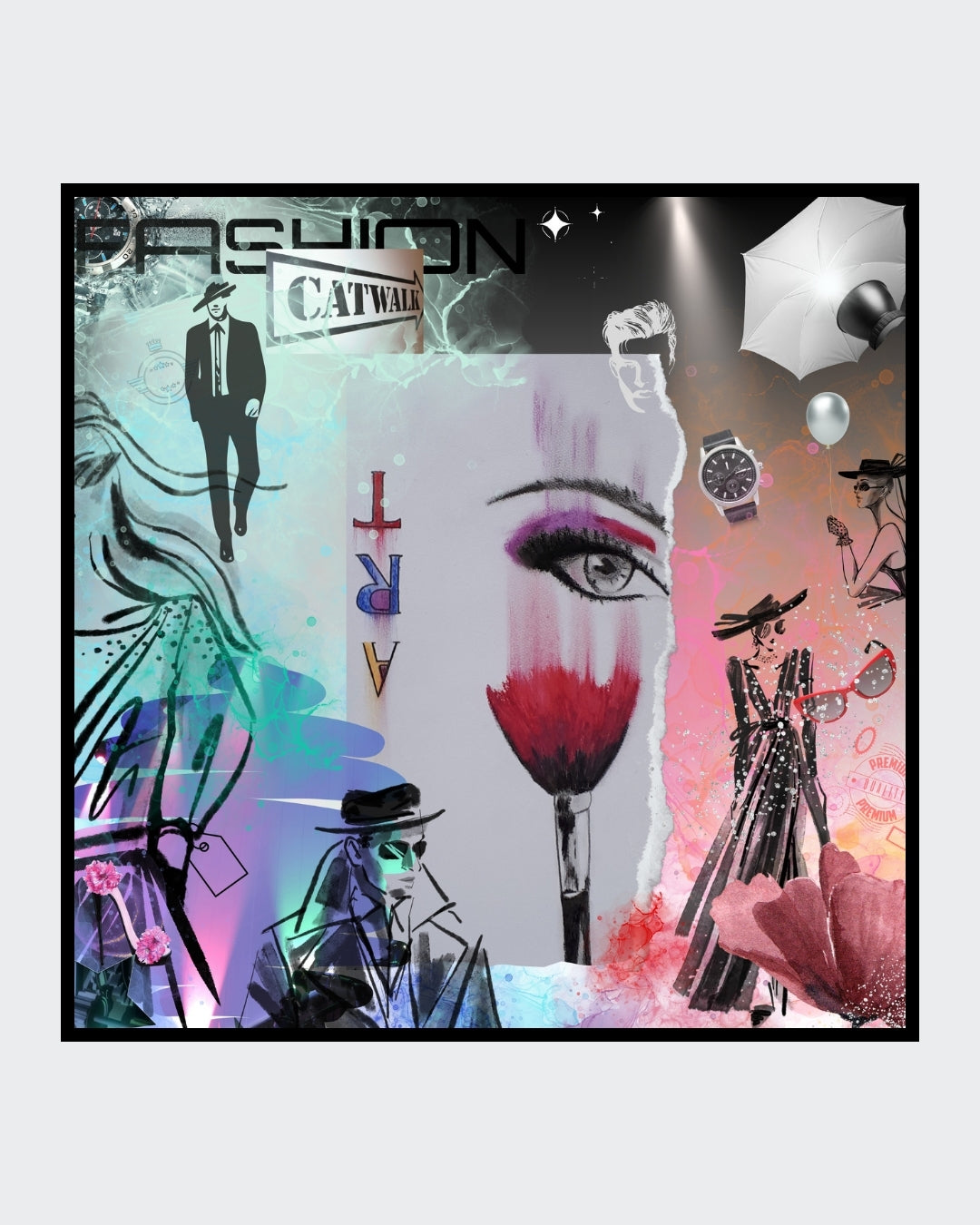 Farbenfrohes DigiArt Design "Art Catwalk" von Simone Kratzsch. Verschmelzung von Modeillustrationen, grafischen Elementen und abstrakten Farbakzenten in Pink, Blau, Schwarz und Weiß.