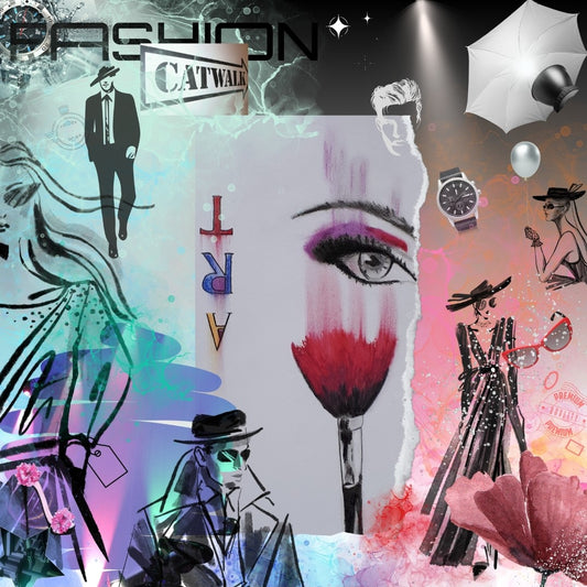 Farbenfrohes DigiArt Design "Art Catwalk" von Simone Kratzsch. Verschmelzung von Modeillustrationen, grafischen Elementen und abstrakten Farbakzenten in Pink, Blau, Schwarz und Weiß.