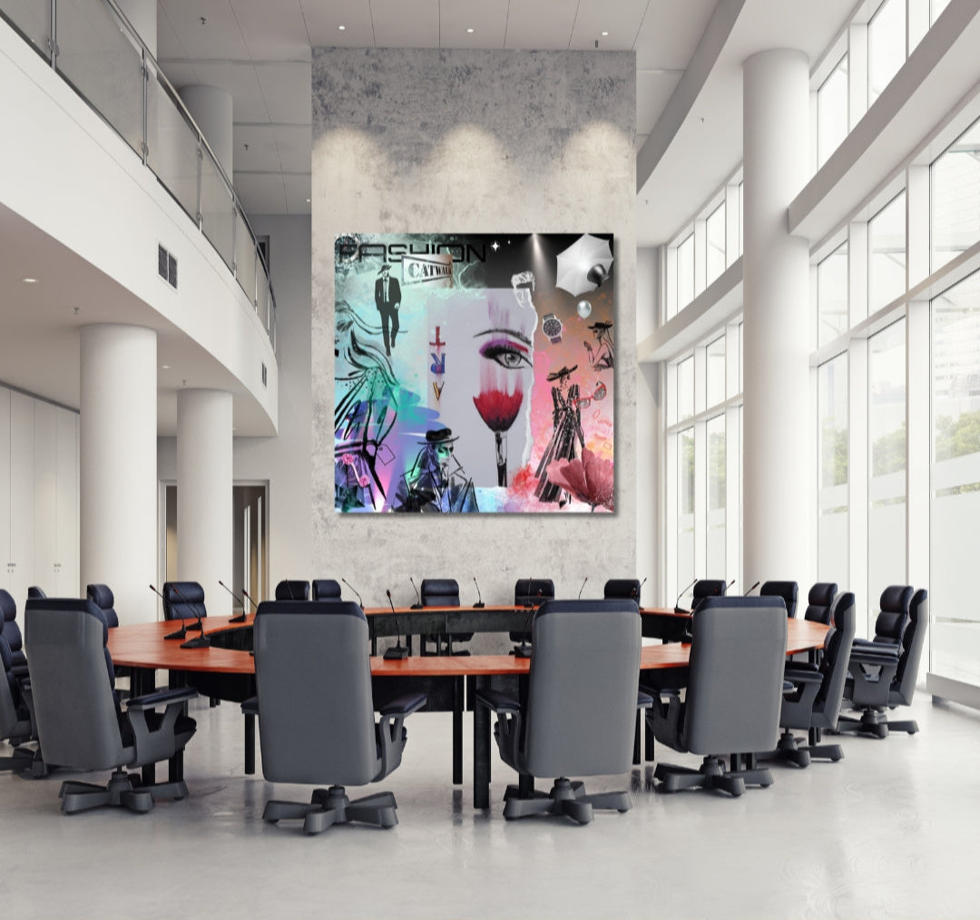 Farbenfrohes DigiArt Design "Art Catwalk" von Simone Kratzsch. Verschmelzung von Modeillustrationen, grafischen Elementen und abstrakten Farbakzenten in Pink, Blau, Schwarz und Weiß.