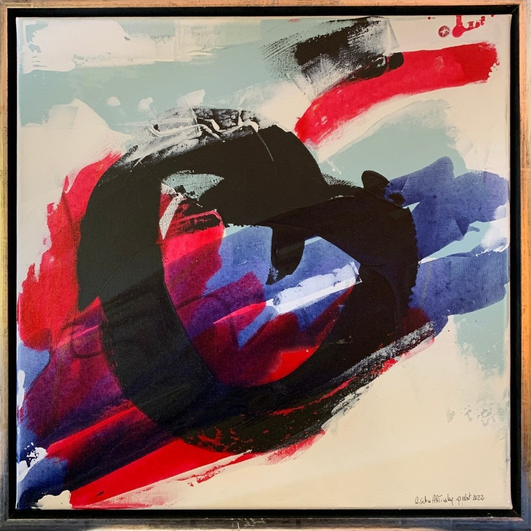 Abstraktes Gemälde „abstrakt World“ von Susanne Schwartinsky-Probst in Acryl auf Leinwand, 60 x 60 cm, mit Schattenfugenrahmen, kräftige Farben und freie Formen.