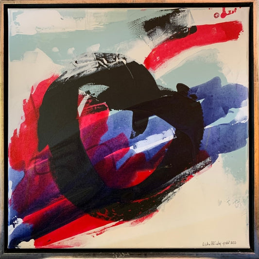 Abstraktes Gemälde „abstrakt World“ von Susanne Schwartinsky-Probst in Acryl auf Leinwand, 60 x 60 cm, mit Schattenfugenrahmen, kräftige Farben und freie Formen.