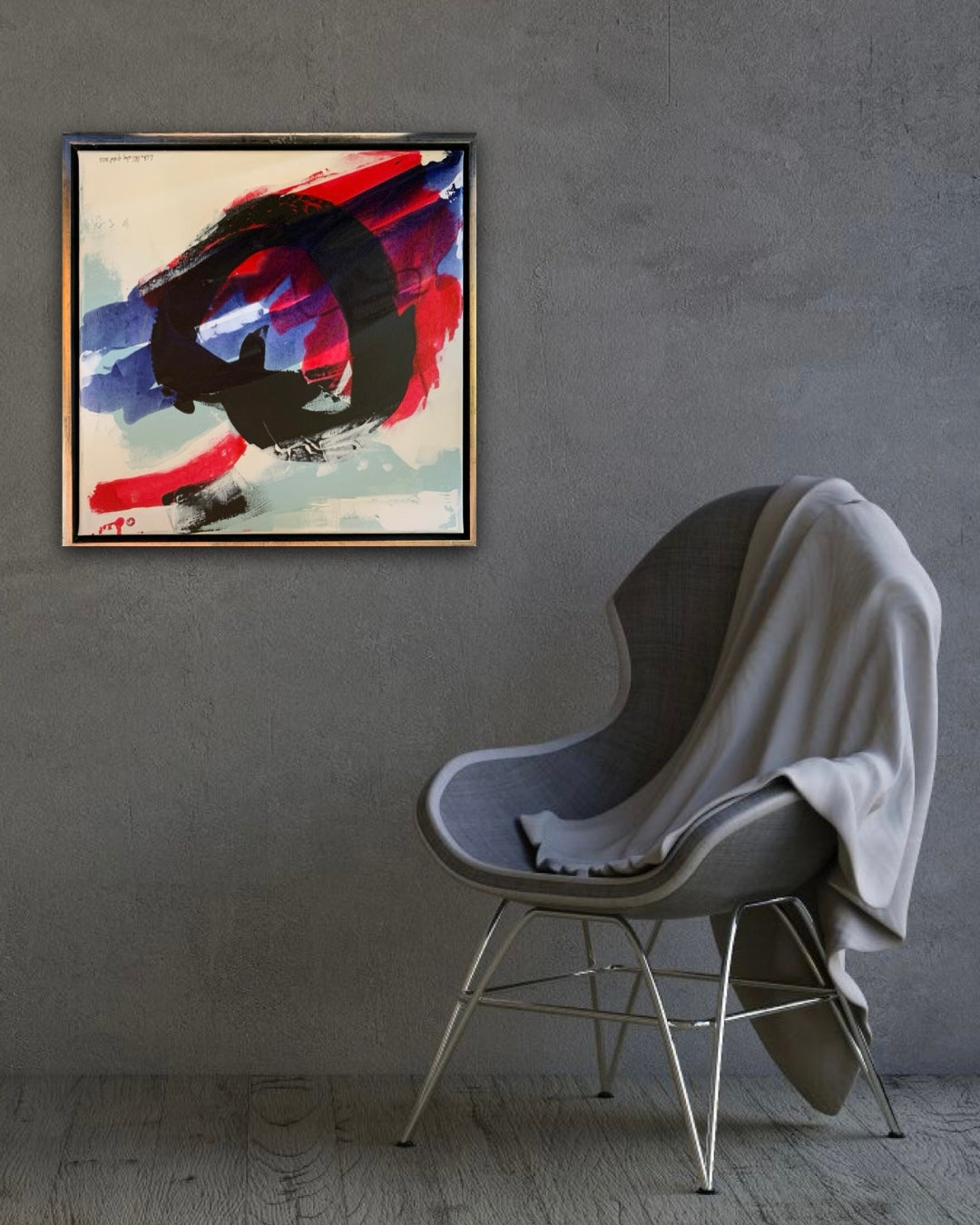 Abstraktes Gemälde „abstrakt World“ von Susanne Schwartinsky-Probst in Acryl auf Leinwand, 60 x 60 cm, mit Schattenfugenrahmen, kräftige Farben und freie Formen.