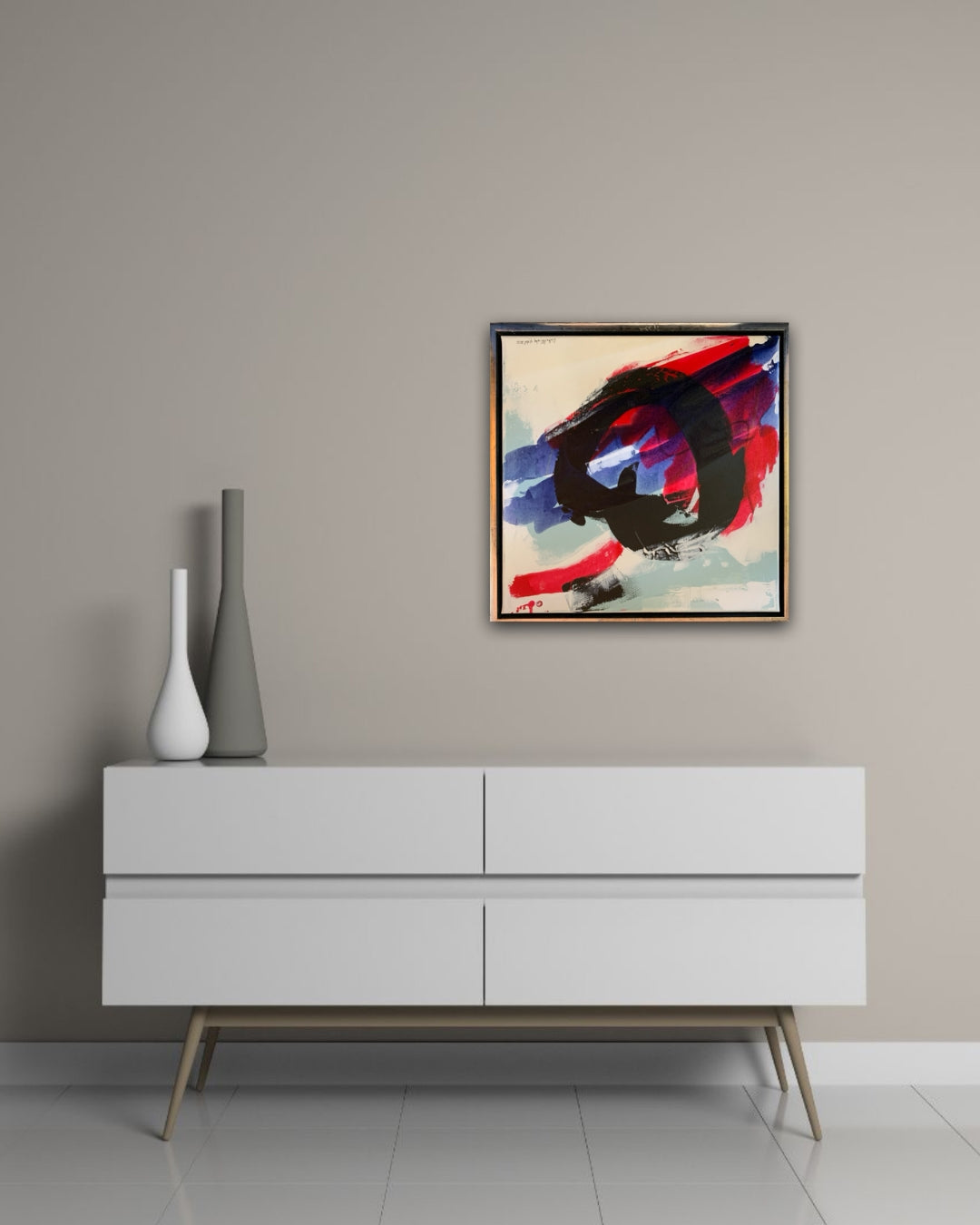 Abstraktes Gemälde „abstrakt World“ von Susanne Schwartinsky-Probst in Acryl auf Leinwand, 60 x 60 cm, mit Schattenfugenrahmen, kräftige Farben und freie Formen.