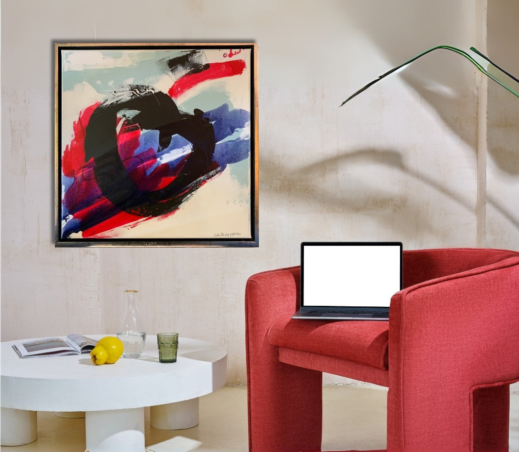 Abstraktes Gemälde „abstrakt World“ von Susanne Schwartinsky-Probst in Acryl auf Leinwand, 60 x 60 cm, mit Schattenfugenrahmen, kräftige Farben und freie Formen.