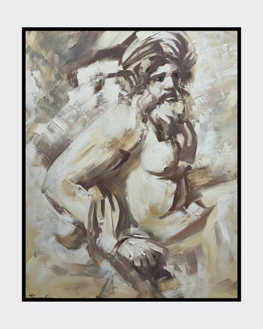 Ein ausdrucksstarkes Ölgemälde von Vadim Lazarev (King David), das einen bärtigen Mann mit Turban zeigt. Dynamische, erdige Pinselstriche verleihen der Figur Bewegung und Tiefe. Die warme, beige-braune Farbpalette unterstreicht die emotionale Intensität des Kunstwerks. Ein modernes, impressionistisches Meisterwerk auf Leinwand, perfekt für Sammler und Liebhaber einzigartiger Kunstwerke.