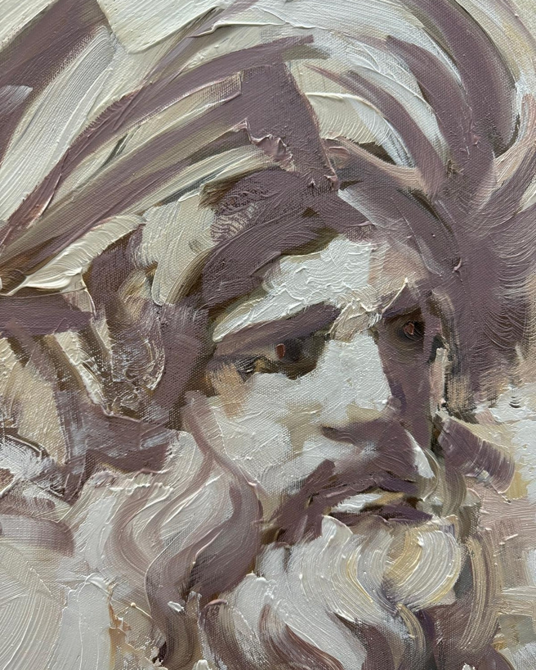 Detailaufnahme: Ein ausdrucksstarkes Ölgemälde von Vadim Lazarev (King David), das einen bärtigen Mann mit Turban zeigt. Dynamische, erdige Pinselstriche verleihen der Figur Bewegung und Tiefe. Die warme, beige-braune Farbpalette unterstreicht die emotionale Intensität des Kunstwerks. Ein modernes, impressionistisches Meisterwerk auf Leinwand, perfekt für Sammler und Liebhaber einzigartiger Kunstwerke.