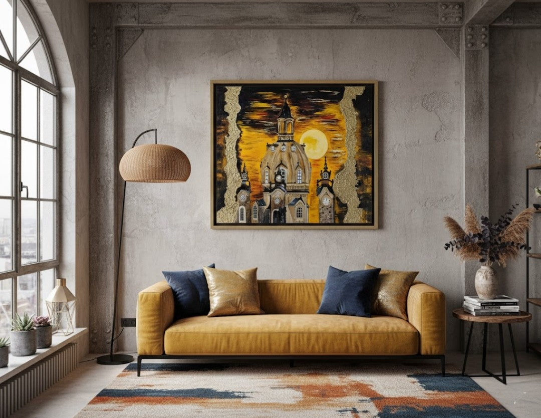 Gemälde "Frauenkirche Dresden bei Mondschein" von Carina Teufel. Eine expressive Darstellung der Dresdner Frauenkirche unter einem leuchtenden Vollmond, mit goldenen, texturierten Rändern, die den Himmel umschließen.