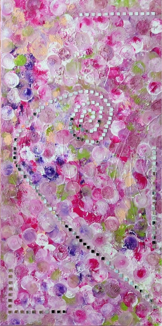 Abstraktes Gemälde "Der Duft der Blumen" (100x50 cm) von Kirsten Kohrt: ein hochschwingendes Blütenmeer in Mischtechnik mit Acryl, Nelkenpigmenten und Collageelementen wie Spiegelfliesen, indischen Stempel- und Schweizer Spitzenstrukturen. Horizontal oder vertikal auf Leinwand.