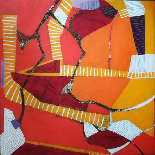 Abstraktes Gemälde in leuchtenden Farben mit dynamischen Formen. Das Werk erinnert an einen bunten, vielschichtigen Komplex. Die Künstlerin Marlis G Schill verwendet Ölfarben, um eine reiche Farbwirkung zu erzielen.