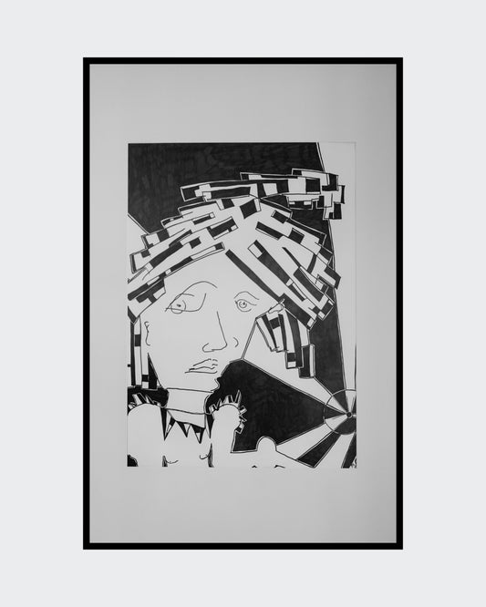 Atomic Grief aka Liberty (2025)" von Melanie Zürn. Ein kubistisches Schwarz-Weiß-Porträt (59,4x42 cm), das eine menschliche Figur mit geometrisch zerlegten Gesichtszügen und Haaren zeigt. Die Technik ist Edding auf Zeichenpapier. Das Bild besticht durch seine minimalistische Darstellung und die kraftvolle Ausdrucksweise.