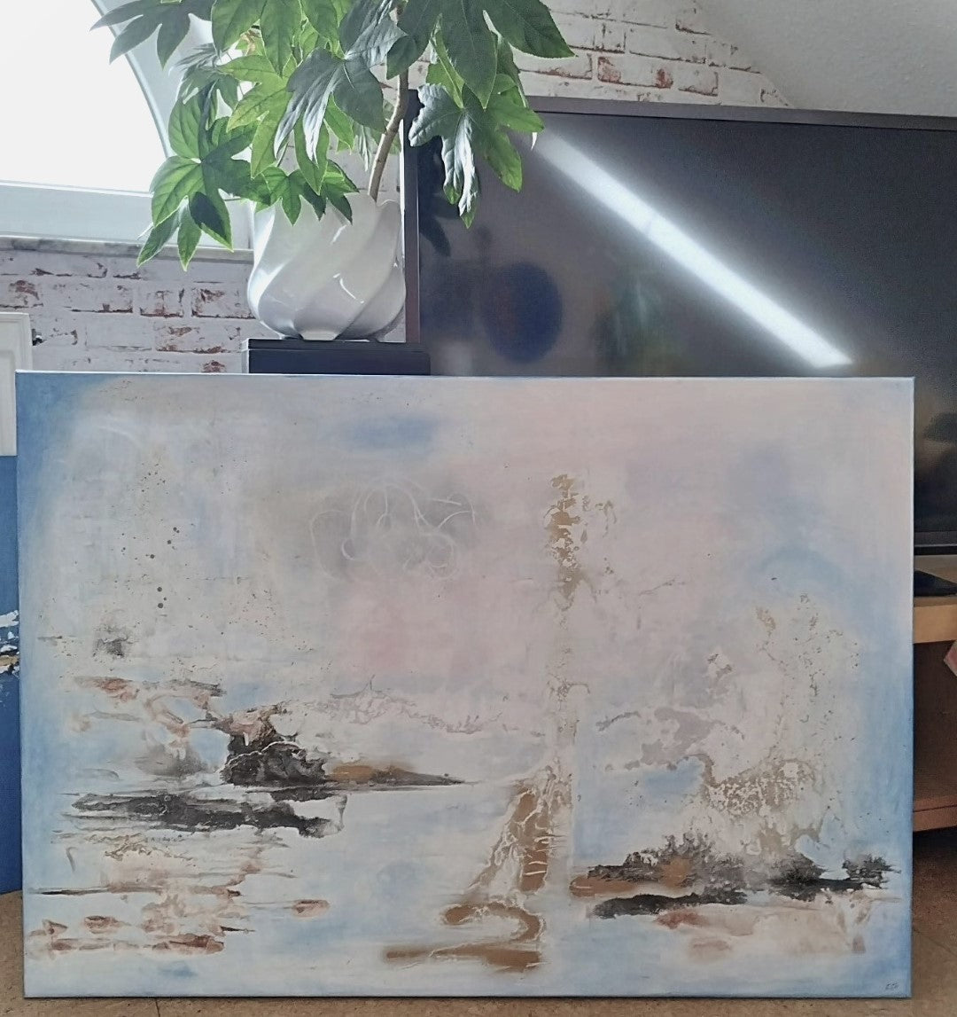 Abstraktes Gemälde "Farbharmonie" von Olga Kühn (70x100 cm). Minimalistische Mischtechnik auf Leinwand in harmonischen monochromen Farbtönen.