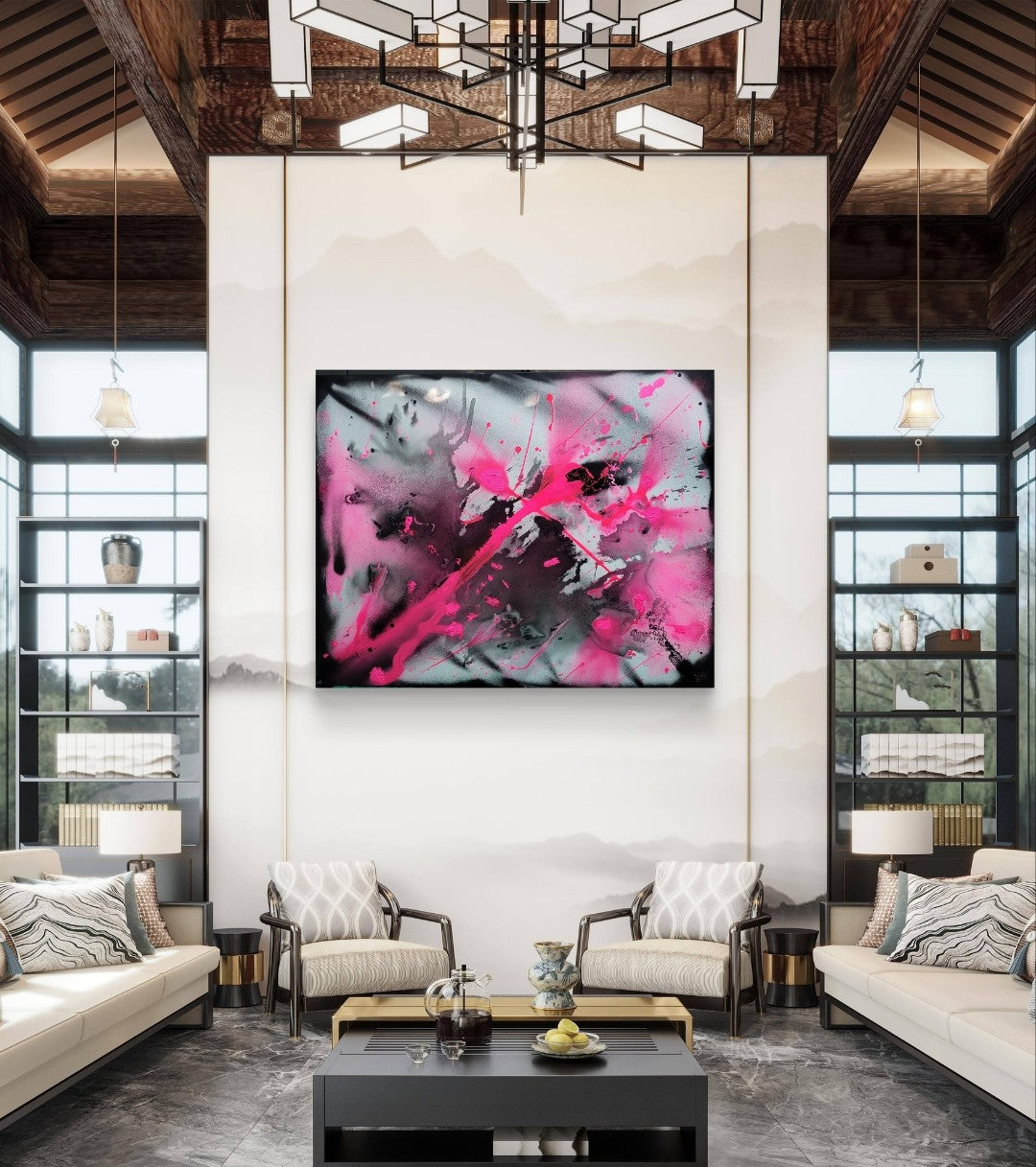 Abstraktes Gemälde "Two Face" von Sandra Conrad, dominiert von leuchtendem Pink und tiefem Schwarz auf grauem Untergrund, mit dynamischen Farbspritzern und fließenden Formen.