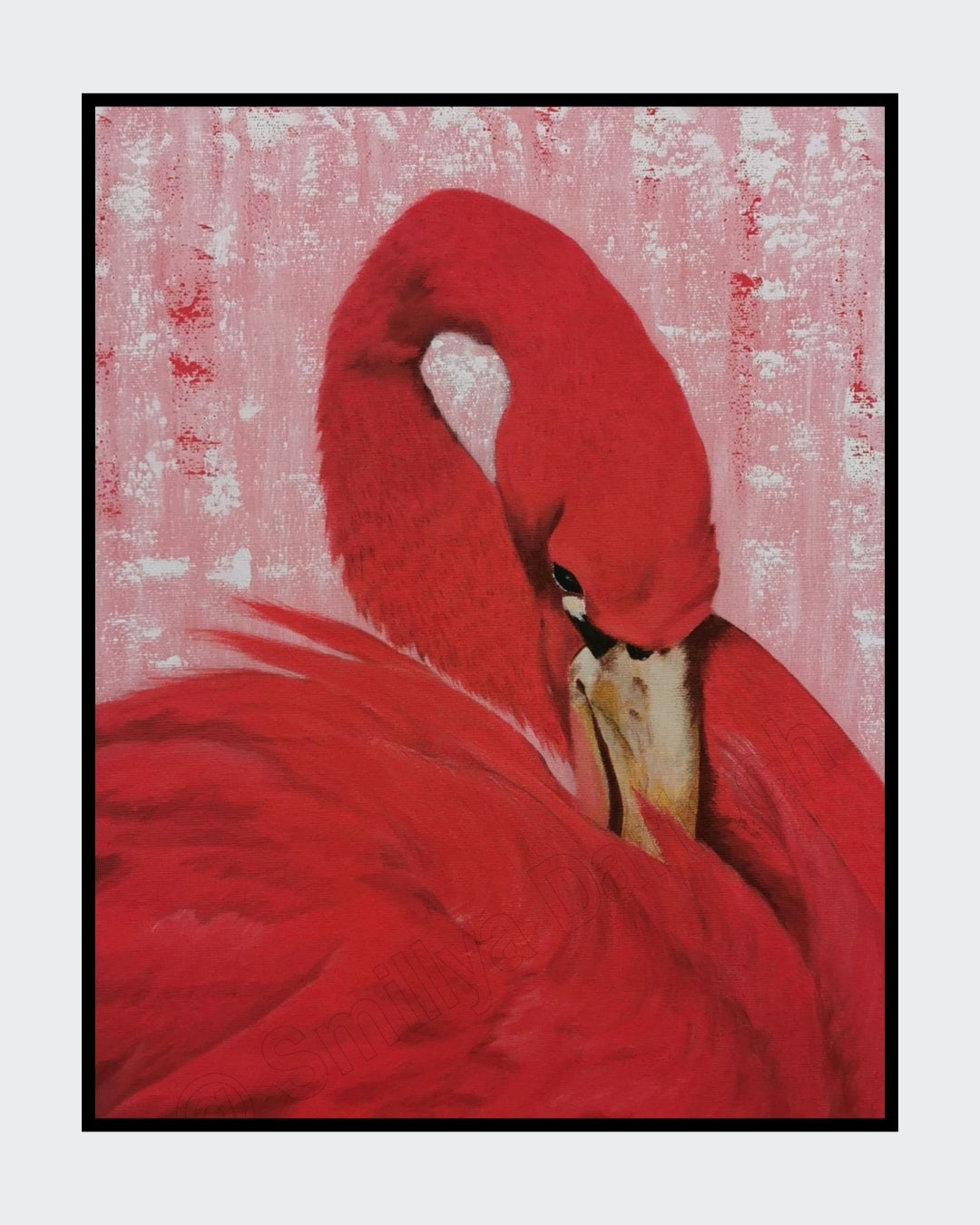 Acrylgemälde 'Der Schwan' von Smillya Dartsch. Ein Schwan in leuchtendem Rot ist vor einem zarten rosa-weißen Hintergrund dargestellt. Der Schwan neigt seinen Kopf nach unten, wobei sein Hals und sein Gefieder im Vordergrund stehen. Das Gemälde ist rückseitig signiert und auf einem Keilrahmen gefertigt. Die Maße betragen 50 cm Höhe und 40 cm Breite. Das Gemälde ist inspiriert vom Lied 'Schwanenkönig' von Karat und symbolisiert Liebe.