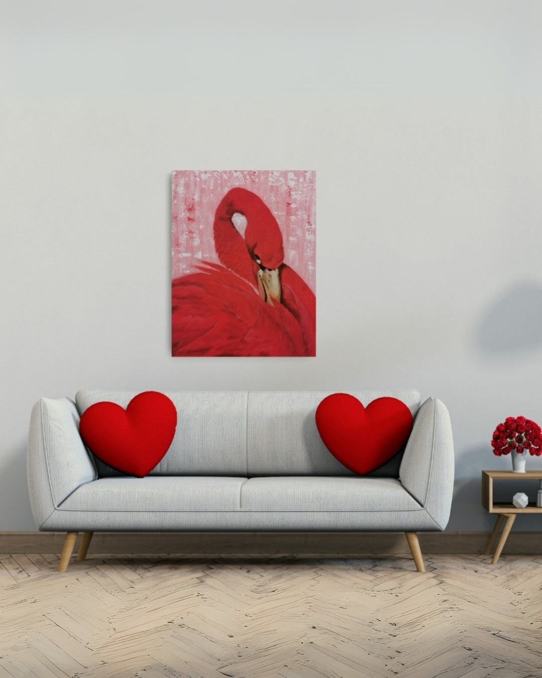 Acrylgemälde 'Der Schwan' von Smillya Dartsch. Ein Schwan in leuchtendem Rot ist vor einem zarten rosa-weißen Hintergrund dargestellt. Der Schwan neigt seinen Kopf nach unten, wobei sein Hals und sein Gefieder im Vordergrund stehen. Das Gemälde ist rückseitig signiert und auf einem Keilrahmen gefertigt. Die Maße betragen 50 cm Höhe und 40 cm Breite. Das Gemälde ist inspiriert vom Lied 'Schwanenkönig' von Karat und symbolisiert Liebe.