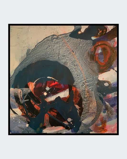 Abstraktes Acrylgemälde „Abstrakt World 2“ von Susanne Schwartinsky-Probst, 60 x 60 cm, mit strukturreicher Oberfläche und intensiven Farbkontrasten im Schattenfugenrahmen.