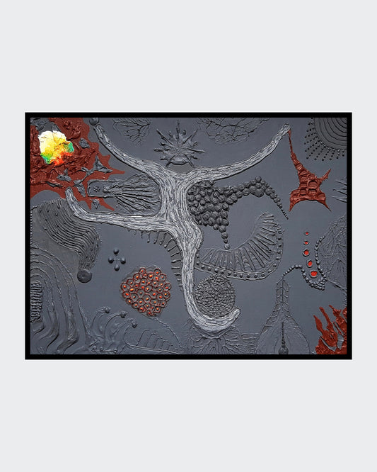 Amos Plaut, 'Earth's crust_102', Acryl auf Leinwand, 60x80 cm: Abstraktes Gemälde mit zentraler, weißer, verzweigter Figur, umgeben von grauen, roten und gelben Elementen.