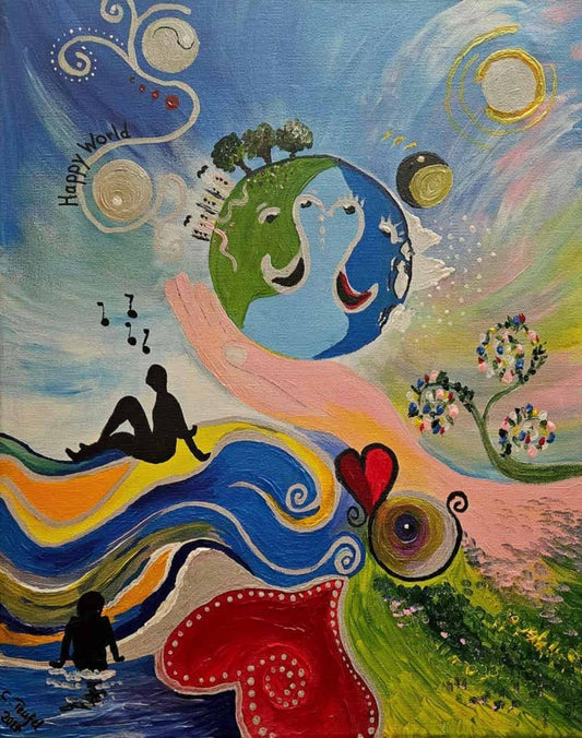 Gemälde "Happy World" von Caina Teufel. Eine farbenfrohe und fantastische Darstellung einer Weltkugel, die von einer schützenden Hand gehalten wird, umgeben von schwungvollen Linien, Musiknoten und stilisierten Figuren, die Freude und Harmonie ausstrahlen.
