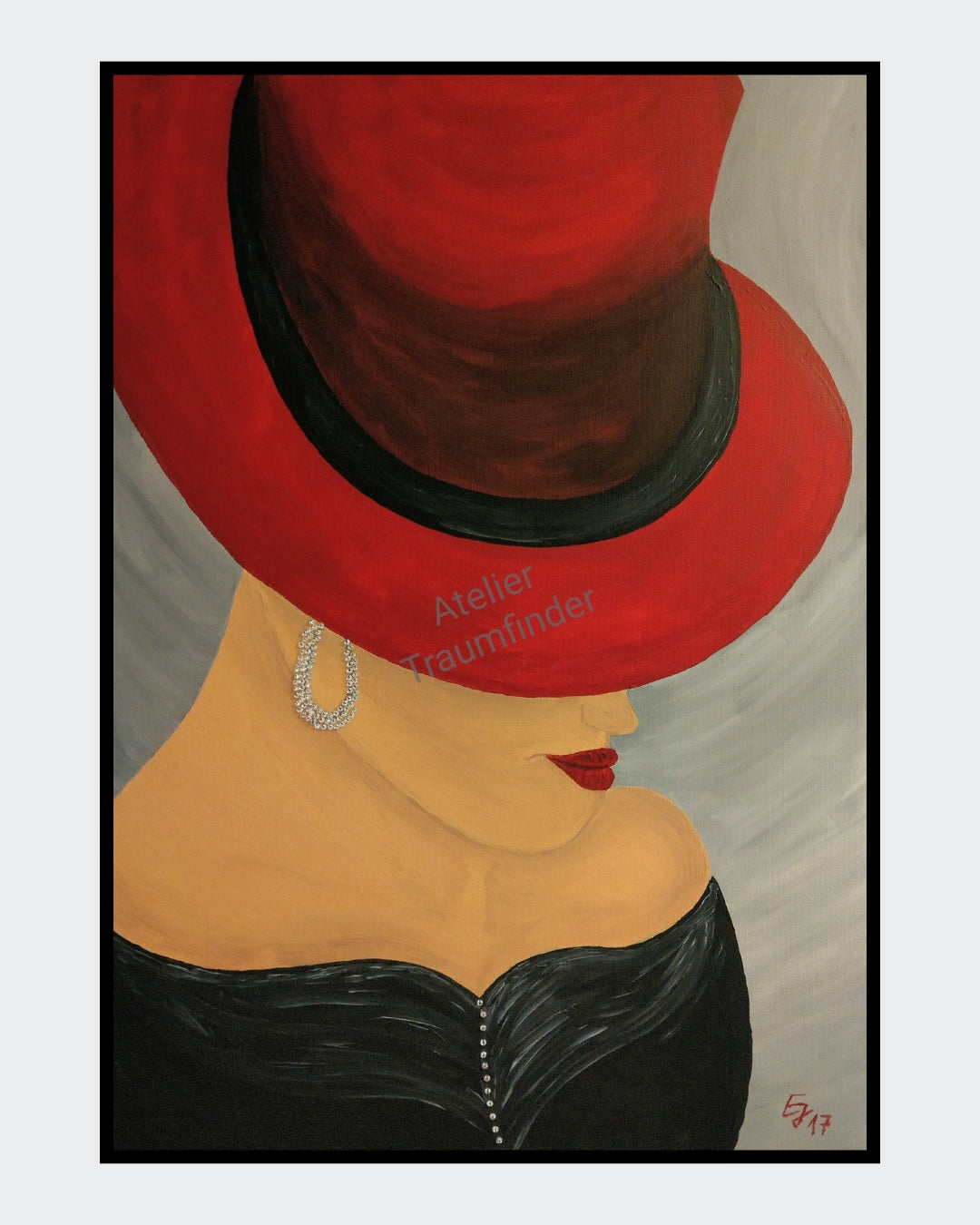 Lady in Red! von Esther Janssen: Hochformatiges Acrylgemälde einer Frau mit rotem Hut und schwarzem Kleid. Strass-Steine am Kleid und Ohrring. Rote Lippen, seitliches Profil.