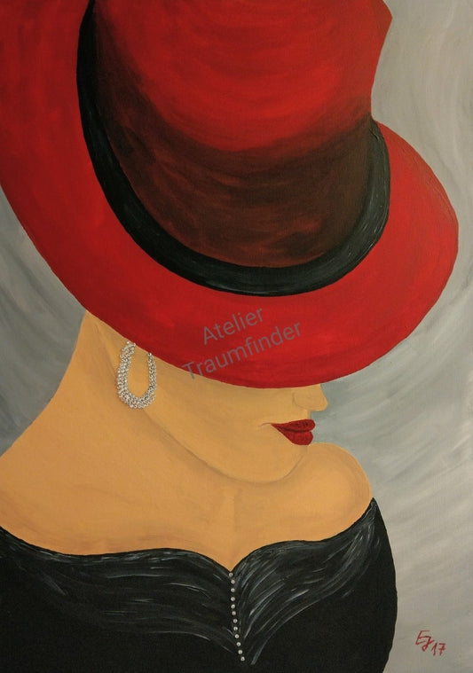 Lady in Red! von Esther Janssen: Hochformatiges Acrylgemälde einer Frau mit rotem Hut und schwarzem Kleid. Strass-Steine am Kleid und Ohrring. Rote Lippen, seitliches Profil.