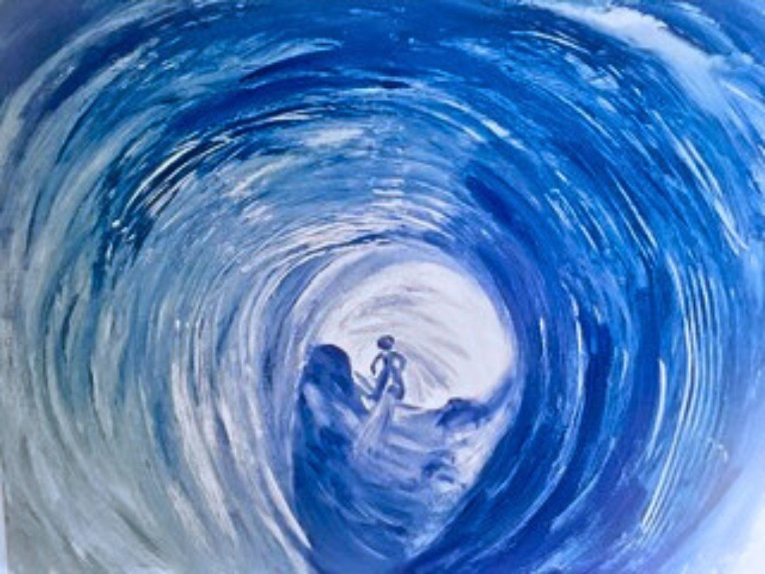 Acrylgemälde „Gletscherhöhle“ von Federica: abstrakte Komposition in Blau- und Weißtönen mit fließenden Strukturen auf Leinwand, 90 x 110 cm