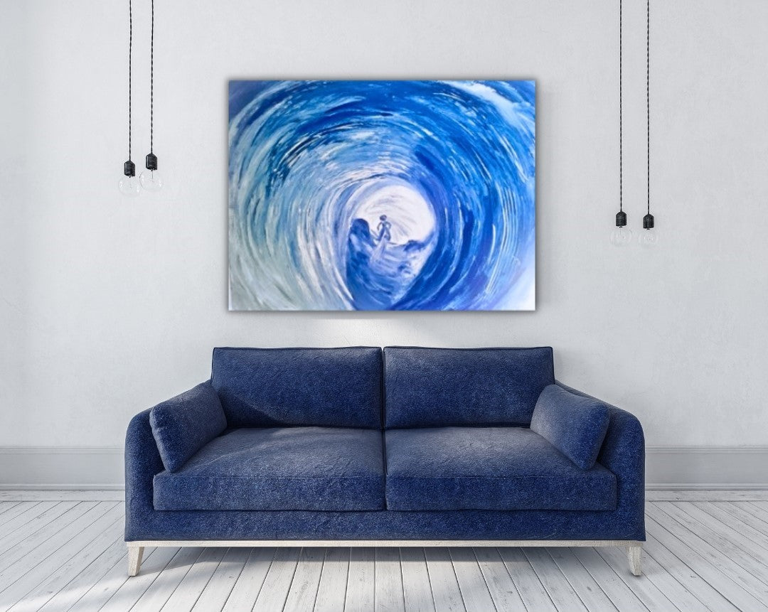 Acrylgemälde „Gletscherhöhle“ von Federica: abstrakte Komposition in Blau- und Weißtönen mit fließenden Strukturen auf Leinwand, 90 x 110 cm