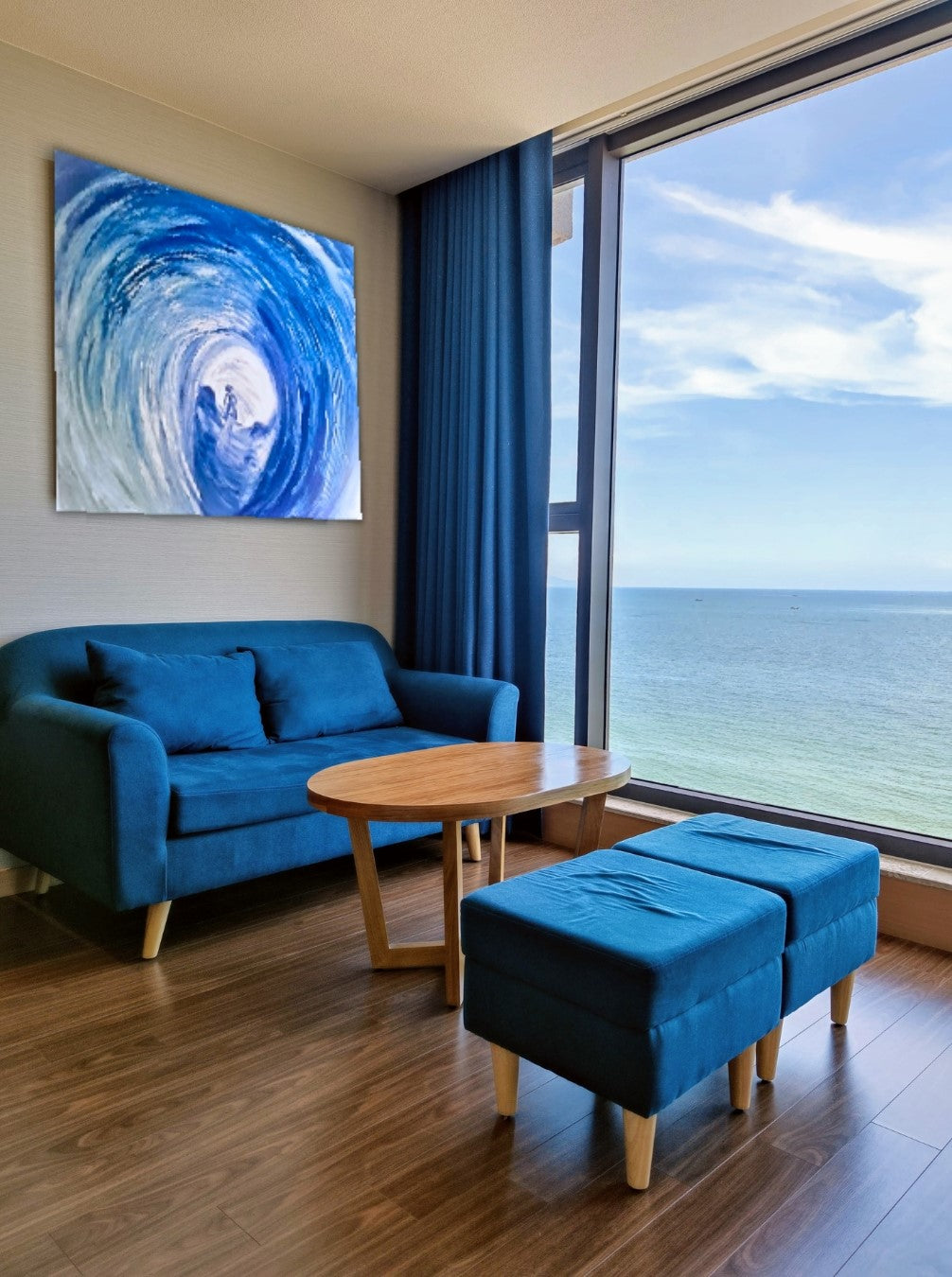 Acrylgemälde „Gletscherhöhle“ von Federica: abstrakte Komposition in Blau- und Weißtönen mit fließenden Strukturen auf Leinwand, 90 x 110 cm