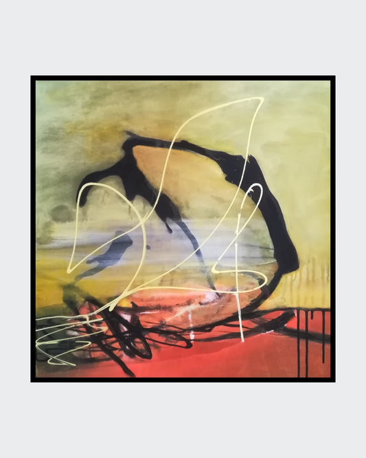 Abstraktes Gemälde in lebendigen Farben mit dynamischen Linien und Formen. Das Werk erinnert an eine ausgelassene Bewegung und Fröhlichkeit. Die Künstlerin Marlis G Schill verwendet Acrylfarben, um eine lebendige und ausdrucksstarke Wirkung zu erzielen.