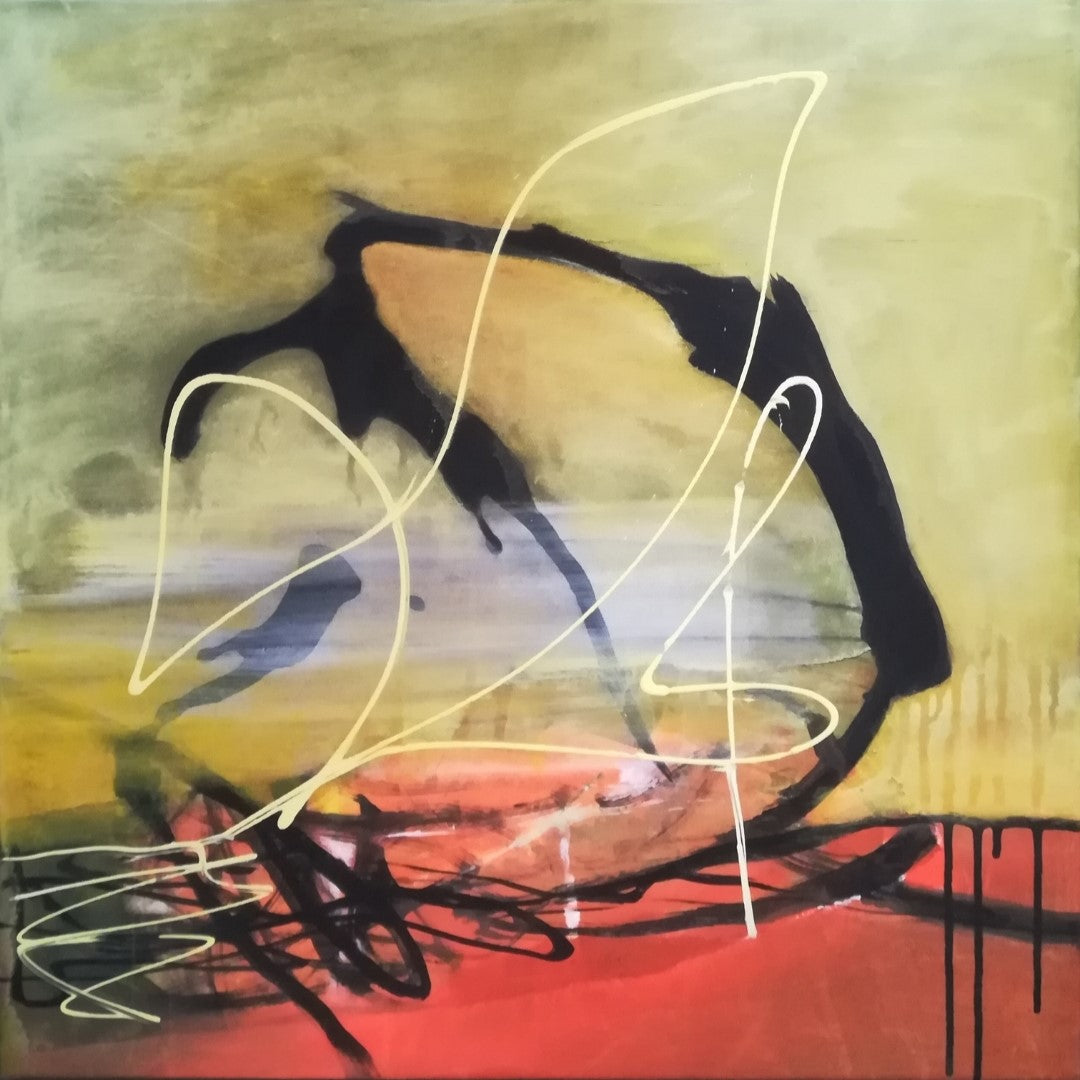 Abstraktes Gemälde in lebendigen Farben mit dynamischen Linien und Formen. Das Werk erinnert an eine ausgelassene Bewegung und Fröhlichkeit. Die Künstlerin Marlis G Schill verwendet Acrylfarben, um eine lebendige und ausdrucksstarke Wirkung zu erzielen.