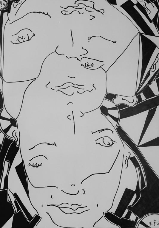 "Bipolarity I/II" von Melanie Zürn, 2025. Ein hochformatiges, schwarz-weißes Porträt im kubistischen Stil. Dargestellt ist eine menschliche Figur, die durch klare Linien und geometrische Formen abstrahiert wird. Die Arbeit verwendet Edding auf Zeichenpapier. Größe: 42 cm x 59,4 cm (ohne Rahmen).