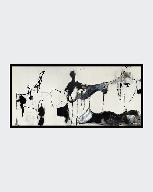 Abstraktes Gemälde "Schwarzflut" von Olga Kühn (50x100 cm). Intuitive Mischtechnik auf Leinwand in Schwarz-, Grau- und Weißtönen.