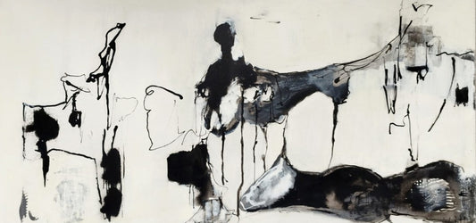 Abstraktes Gemälde "Schwarzflut" von Olga Kühn (50x100 cm). Intuitive Mischtechnik auf Leinwand in Schwarz-, Grau- und Weißtönen.