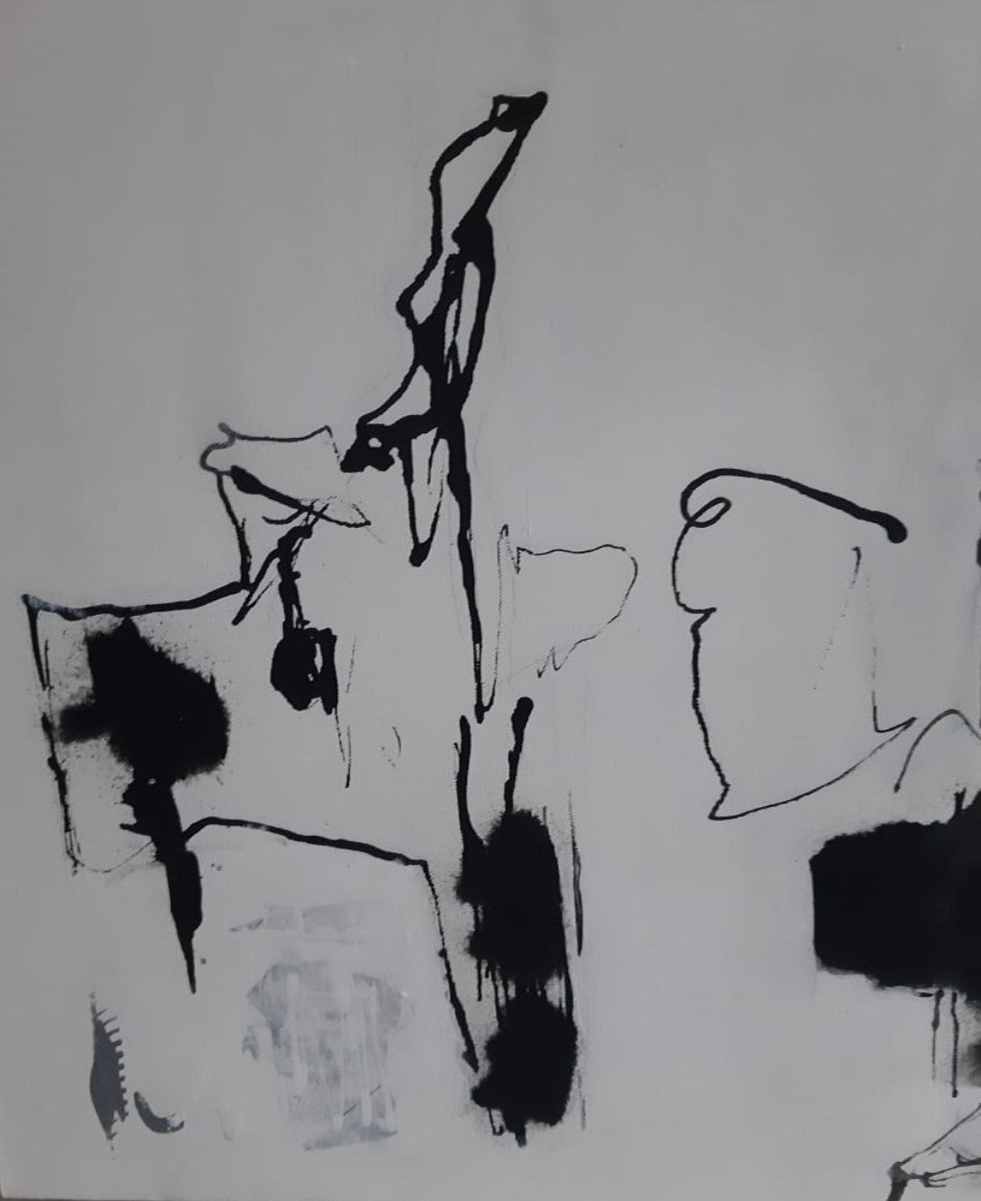 Abstraktes Gemälde "Schwarzflut" von Olga Kühn (50x100 cm). Intuitive Mischtechnik auf Leinwand in Schwarz-, Grau- und Weißtönen.