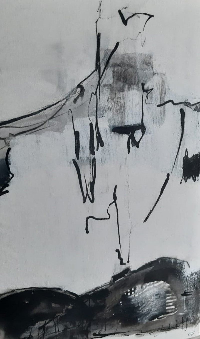 Abstraktes Gemälde "Schwarzflut" von Olga Kühn (50x100 cm). Intuitive Mischtechnik auf Leinwand in Schwarz-, Grau- und Weißtönen.