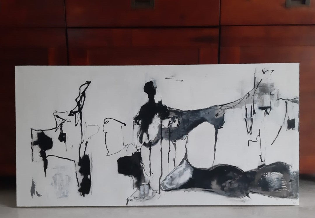 Abstraktes Gemälde "Schwarzflut" von Olga Kühn (50x100 cm). Intuitive Mischtechnik auf Leinwand in Schwarz-, Grau- und Weißtönen.