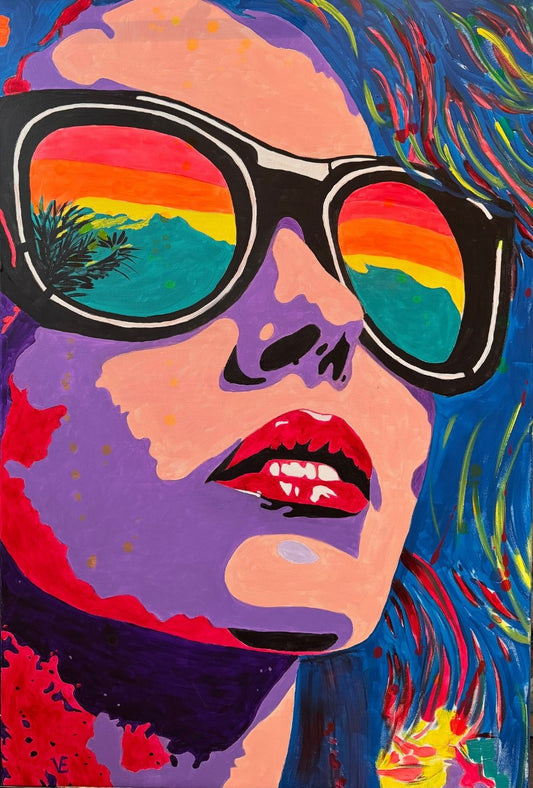 Großformatiges Pop-Art-Gemälde "Pop-Art Lady" von Susann Versteegen (FEMARTSPACE). Nahaufnahme einer Frau mit lila Haut und Sonnenbrille, in deren Gläsern sich ein bunter Sonnenuntergang spiegelt.