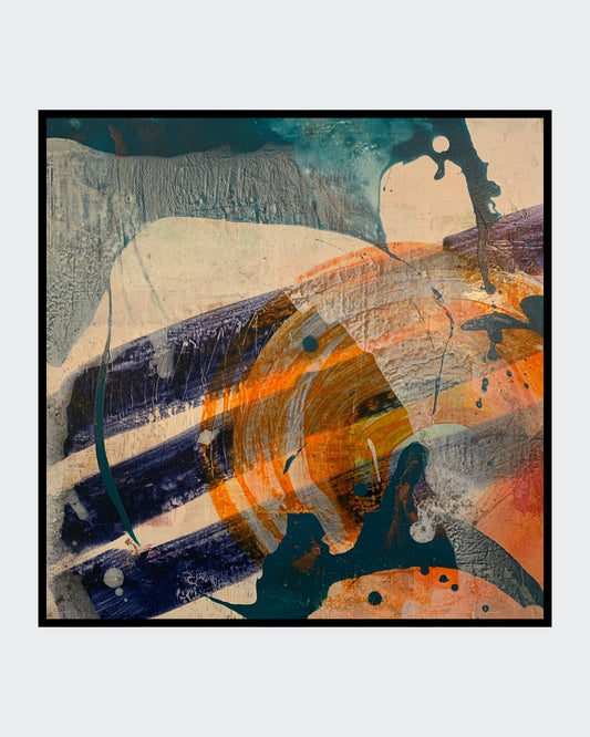 Acrylbild „Abstrakt World 3“ von Susanne Schwartinsky-Probst, abstrakte Malerei in Blau-Orange auf Leinwand mit Struktur, 60 x 60 cm, Schattenfugenrahmen.