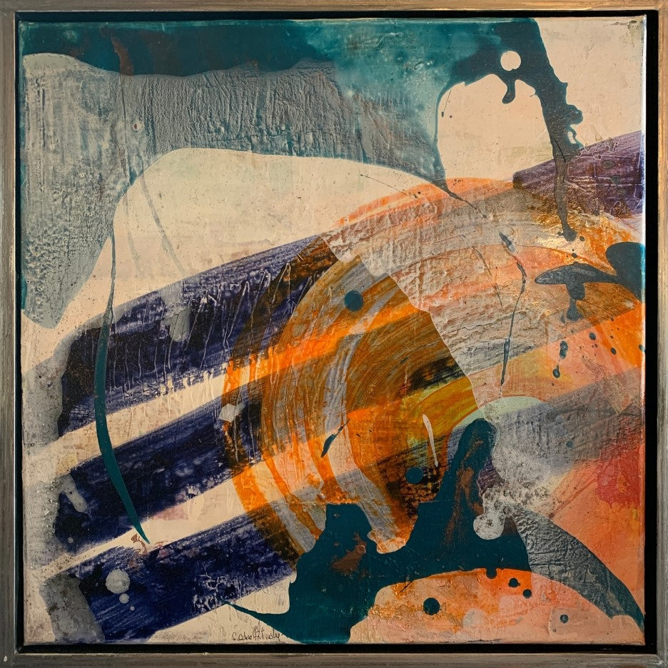 Acrylbild „Abstrakt World 3“ von Susanne Schwartinsky-Probst, abstrakte Malerei in Blau-Orange auf Leinwand mit Struktur, 60 x 60 cm, Schattenfugenrahmen.