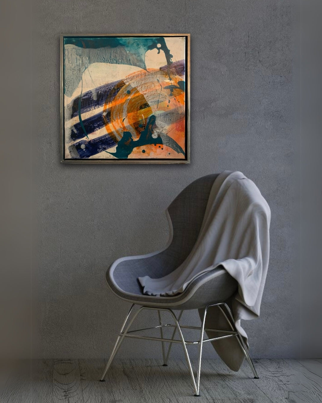 Acrylbild „Abstrakt World 3“ von Susanne Schwartinsky-Probst, abstrakte Malerei in Blau-Orange auf Leinwand mit Struktur, 60 x 60 cm, Schattenfugenrahmen.