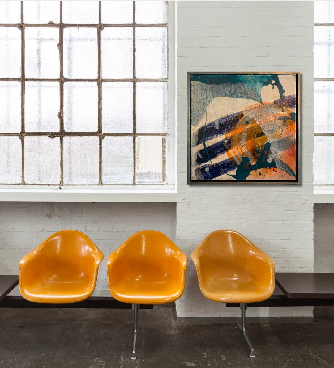 Acrylbild „Abstrakt World 3“ von Susanne Schwartinsky-Probst, abstrakte Malerei in Blau-Orange auf Leinwand mit Struktur, 60 x 60 cm, Schattenfugenrahmen.