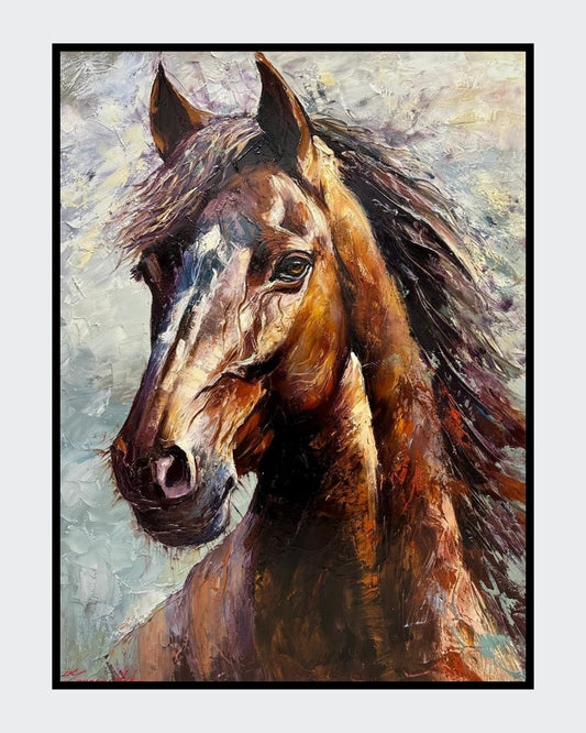 Ein detailreiches Ölgemälde von Vadim Lazarev (Das Pferd), das den Kopf eines braunen Pferdes mit wehender Mähne zeigt. Die dynamischen Pinselstriche und pastosen Farbschichten verleihen dem Bild Bewegung und Tiefe. Warme Erdtöne, kombiniert mit kühlen Lichtreflexen, betonen die Kraft und Anmut des Tieres. Der Hintergrund ist impressionistisch gehalten, wodurch das Pferd lebendig und ausdrucksstark wirkt.