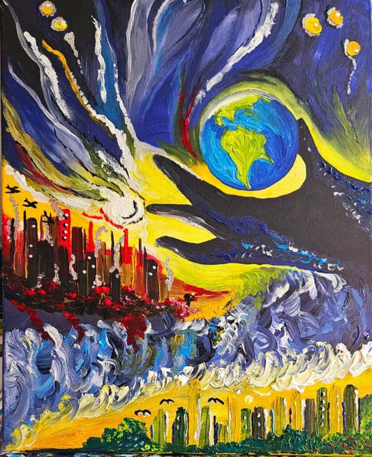 Gemälde "Krieg, Verzweiflung und Hoffnung" von Carina Teufel. Ein dramatisches Bild mit einer explodierenden Erde über einer brennenden Stadt, umgeben von dunklen Wolken und leuchtenden Sternen, die das Zusammenspiel von Zerstörung und dem Festhalten an Hoffnung symbolisieren.